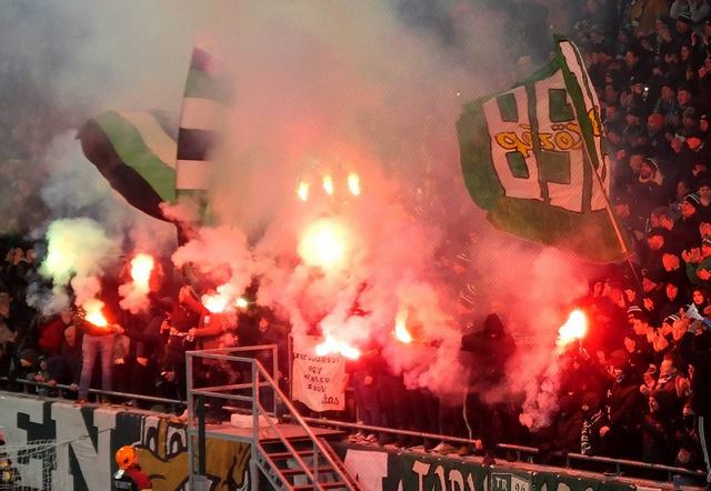 Budapest, Hungary – May 6, 2023. Ferencvaros fans celebrating 34th