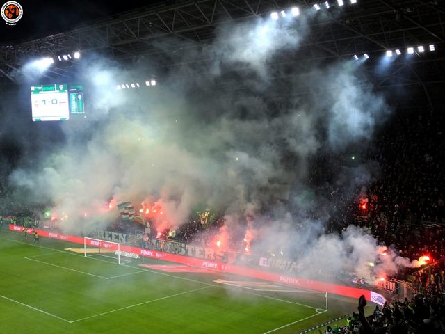 Budapest, Hungary – May 6, 2023. Ferencvaros fans celebrating 34th